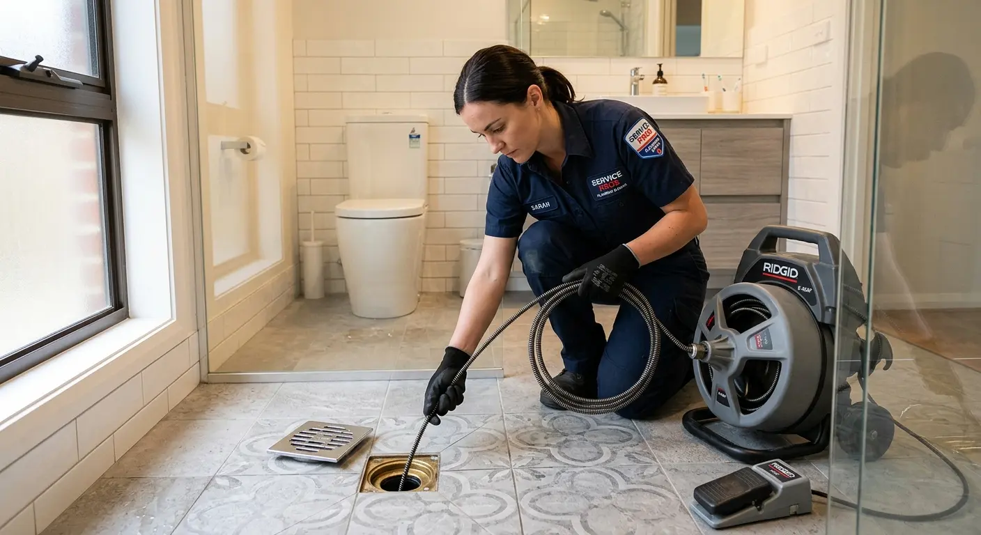 Technician clearing a bathroom floor drain for Clogged Drain Repair in Brandon